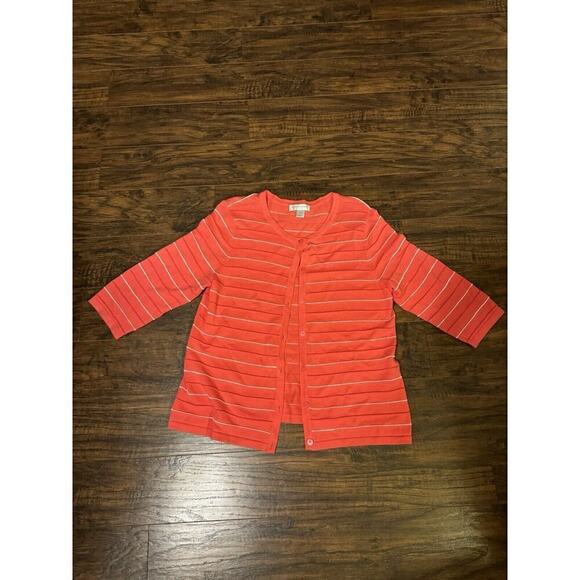 Christopher Banks Striped Knit 3/4Sleeve Cardigan Sweater Sz. M Coral - Picture 1 of 4